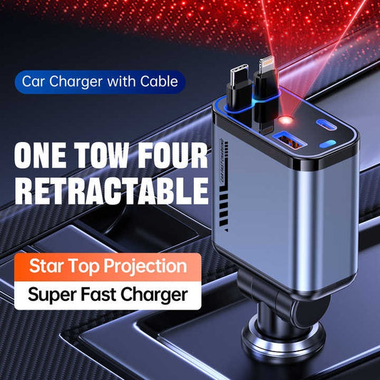 66W Retractable Car Charger – Dual Built-In Cables with USB-C & USB Ports